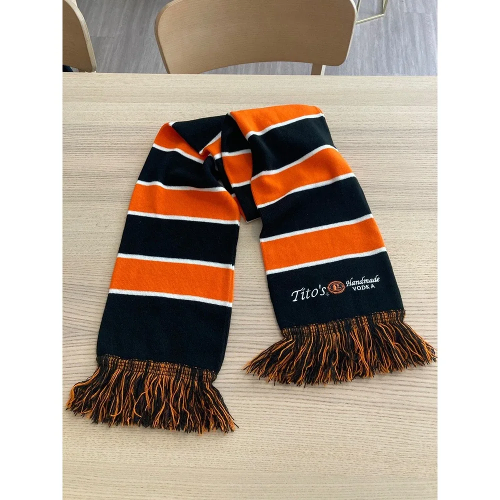 Tito's Handmade Vodka Knit Scarf Black Orange White Striped Fringed Winter Heavy